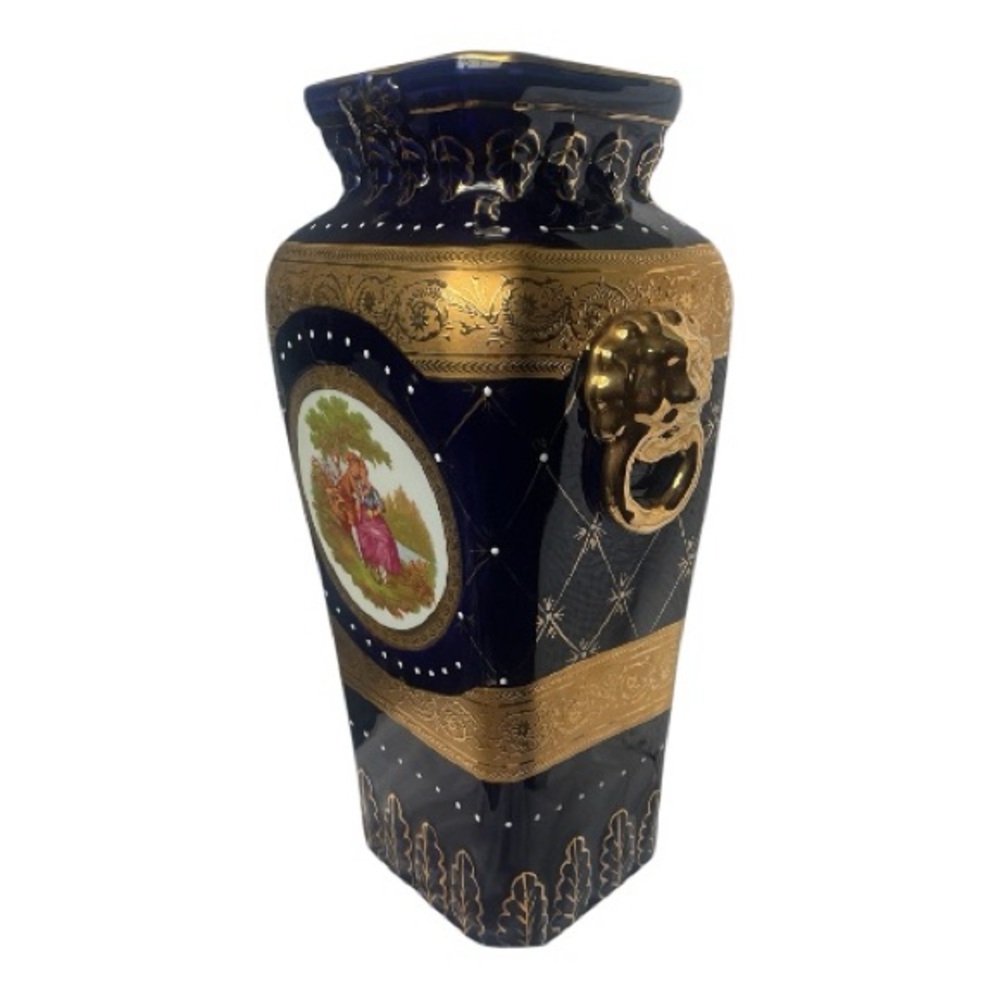 Limoges Royal Blue and Gold Accent Large Ornate Vase
